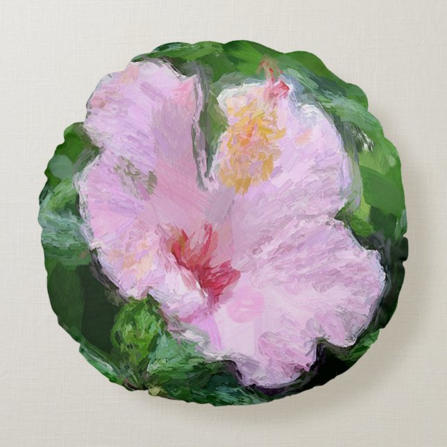 Pink Hibiscus Flower Round Pillow (Front)