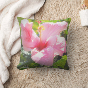 Pink Hibiscus Flower Throw Pillow