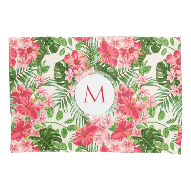 Pink Hibiscus Flower Tropical Palm Monogram PCase Pillowcase (Front)