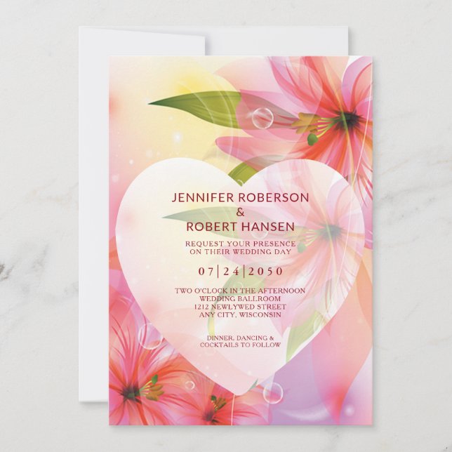 Pink Hibiscus Flower Wedding Floral Heart Dewdrop Announcement (Front)