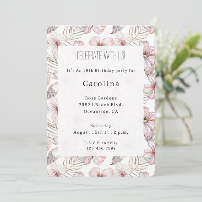Pink Hibiscus Flowers Birthday Invitation (Standing Front)