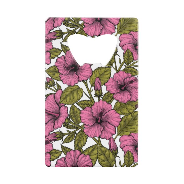 Pink hibiscus flowers credit card bottle opener (Front)