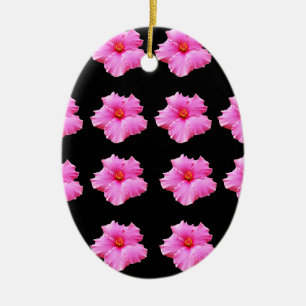 Pink Hibiscus Flowers On Black,_ Ceramic Ornament