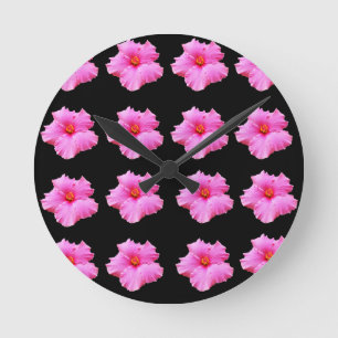 Pink Hibiscus Flowers On Black,_ Round Clock