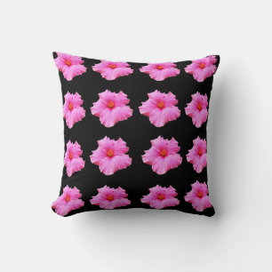 Pink Hibiscus Flowers On Black, Throw Cushion. Pillow