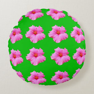 Pink Hibiscus Flowers On Green, Round Pillow