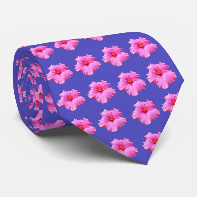 Pink Hibiscus Flowers On Purple, Tie (Rolled)