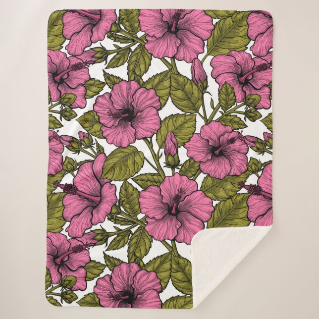 Pink hibiscus flowers sherpa blanket (Front)