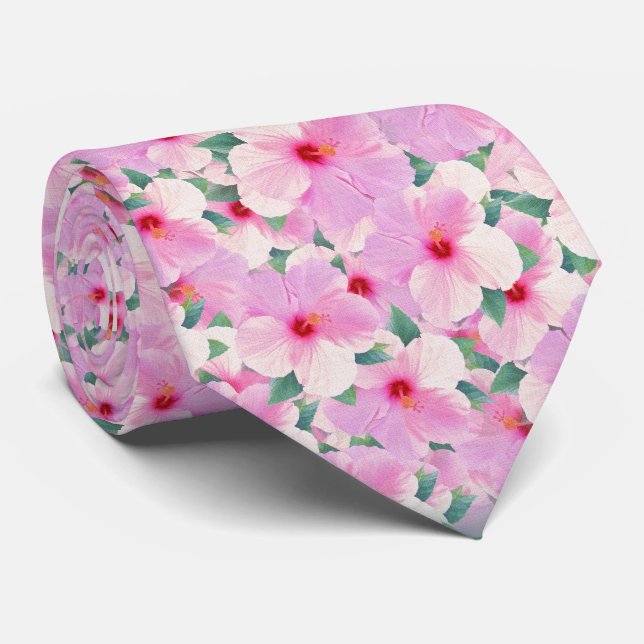 Pink Hibiscus Flowers Tie (Rolled)