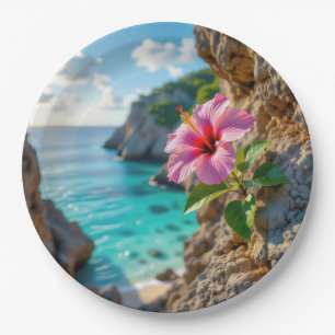 Pink Hibiscus Growing in a Rocky Cliff Paper Plate