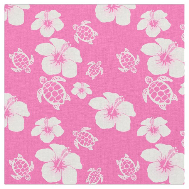 Pink Hibiscus Honu Hawaiian Fabric (Close Up)