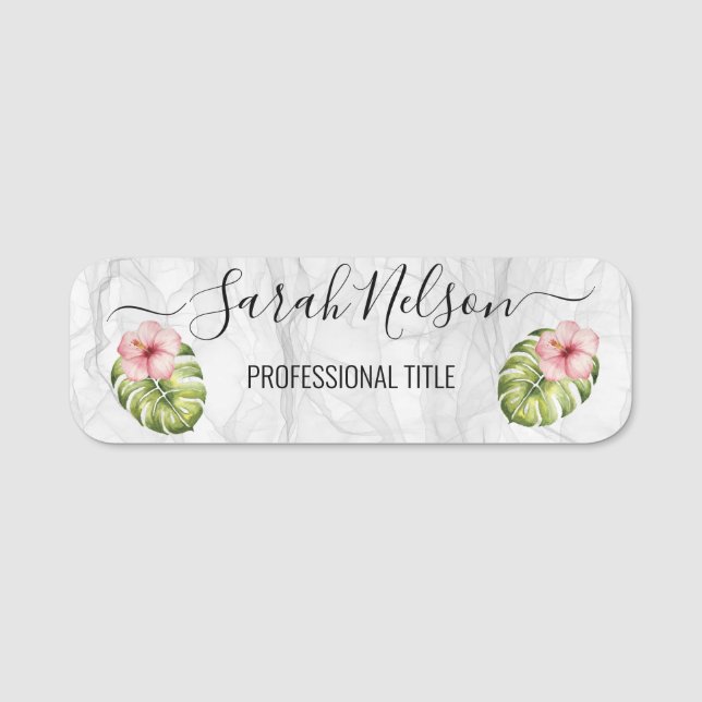 Pink Hibiscus Marble Name Tag (Front)
