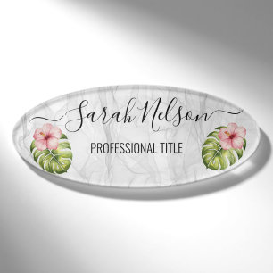 Pink Hibiscus Marble Name Tag