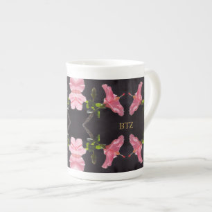 Pink Hibiscus on Black Bone China Mug
