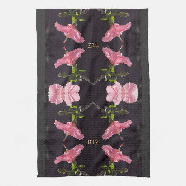 Pink Hibiscus on Black Kitchen Towel (Vertical)