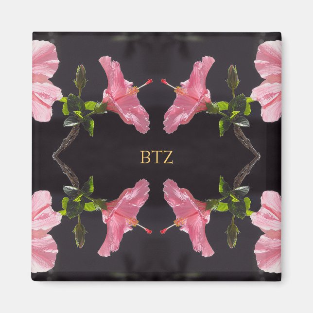 Pink Hibiscus on Black Magnet (Front)