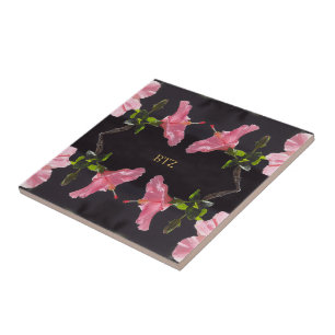 Pink Hibiscus on Black Tile