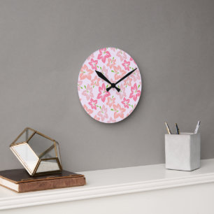 Pink Hibiscus, Pink Flowers, Pattern Of Flowers Round Clock