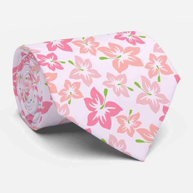 Pink Hibiscus, Pink Flowers, Pattern Of Flowers Tie (Rolled)