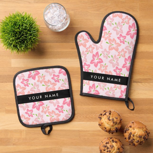 Pink Hibiscus, Pink Flowers, Your Name Oven Mitt & Pot Holder Set (Top Down)