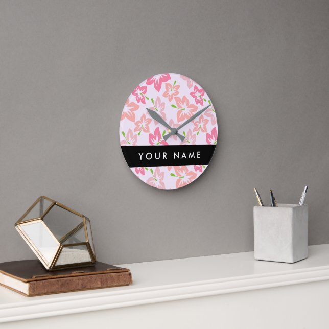 Pink Hibiscus, Pink Flowers, Your Name Round Clock (Office)