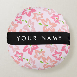 Pink Hibiscus, Pink Flowers, Your Name Round Pillow