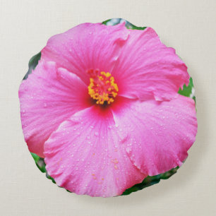 Pink Hibiscus Rain Sprinkles, Round Pillow