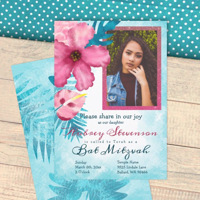 Pink Hibiscus, Teal Blue Bat Mitzvah Invitation (turquoise blue and pink bat mitzvah invitation, hibiscus flower, 12th birthday party invitation)