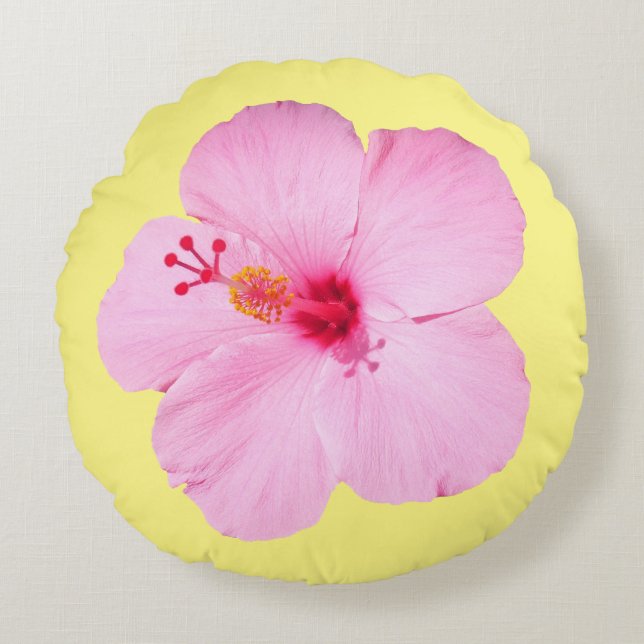 Pink Hibiscus Tropical Flower Round Pillow (Front)