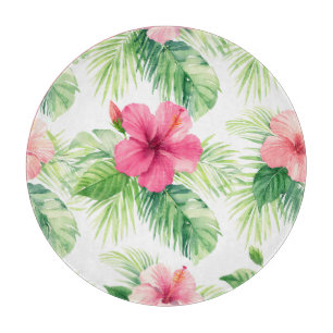 Pink Hibiscus Tropical Palm Watercolor Cutting Board