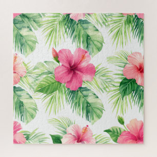 Pink Hibiscus Tropical Palm Watercolor Jigsaw Puzzle