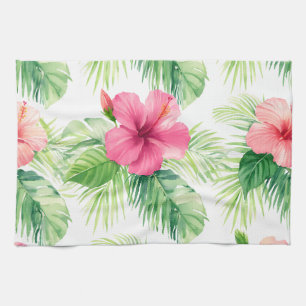 Pink Hibiscus Tropical Palm Watercolor Kitchen Towel