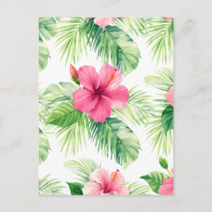 Pink Hibiscus Tropical Palm Watercolor Postcard