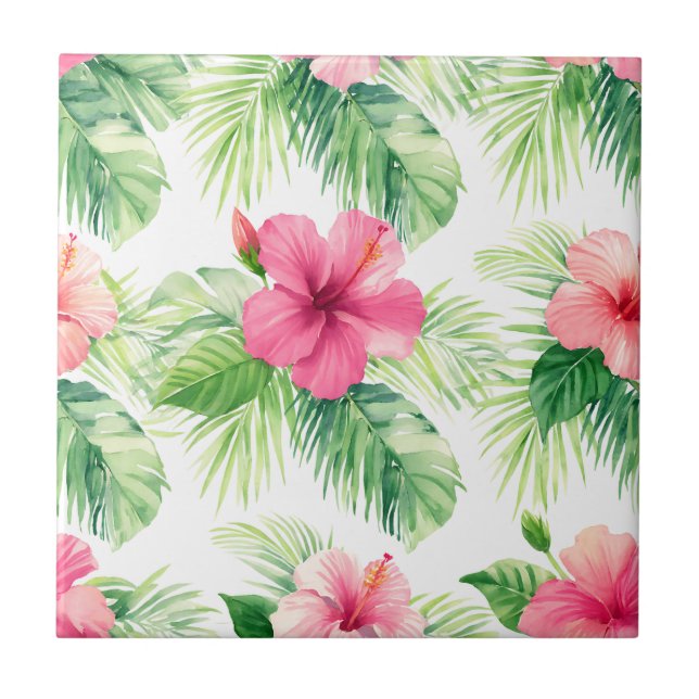 Pink Hibiscus Tropical Palm Watercolor Tile (Front)