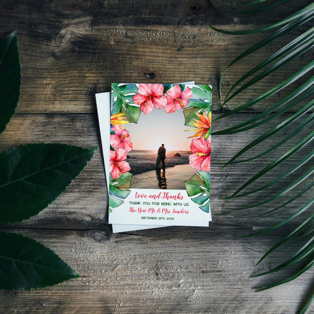 Pink Hibiscus Tropical Photo Wedding Thank You  Card (Creator Uploaded)