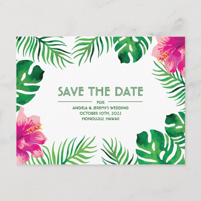 Pink Hibiscus Tropical Save the Date Postcard (Front)