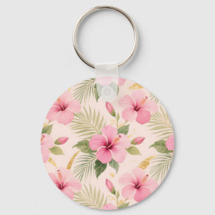 Pink Hibiscus Tropical Seamless Pattern Keychain