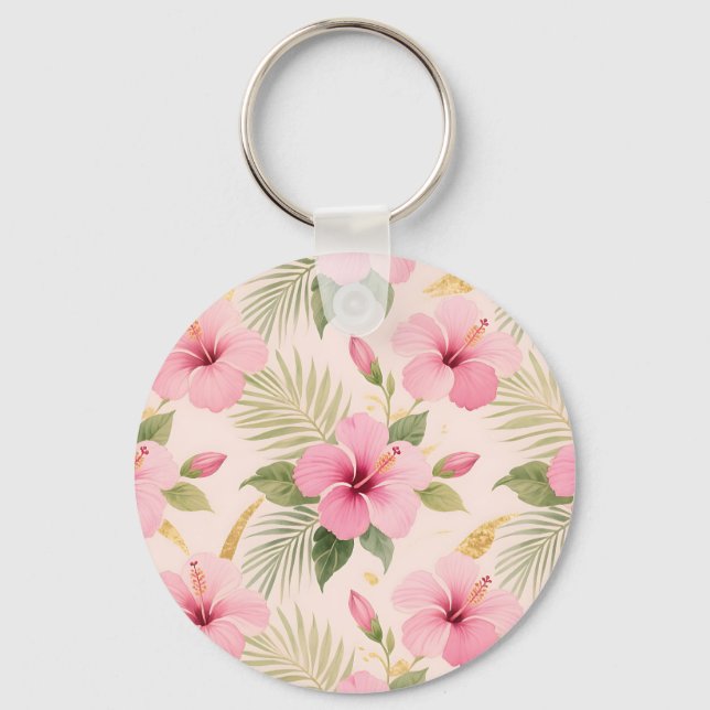 Pink Hibiscus Tropical Seamless Pattern Keychain (Front)