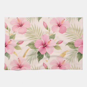 Pink Hibiscus Tropical Seamless Pattern Kitchen Towel