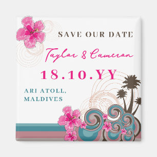 Pink Hibiscus Tropical Waves Beach Save The Date Magnet