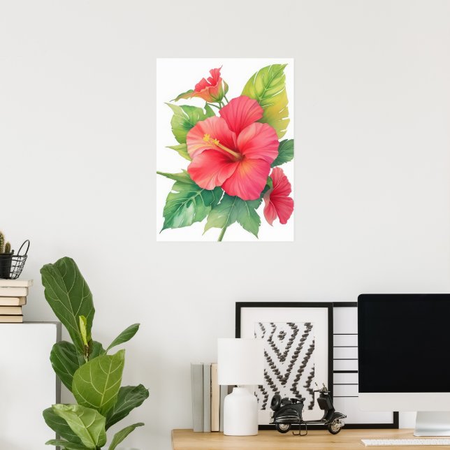 Pink Hibiscus Watercolor Flower Poster (Home Office)