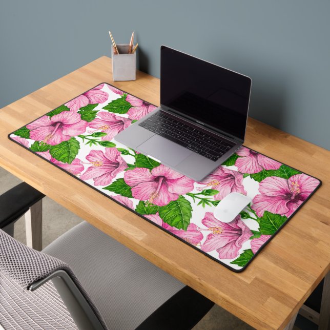 Pink hibiscus watercolor pattern desk mat (Office 2)
