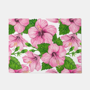 Pink hibiscus watercolor pattern doormat