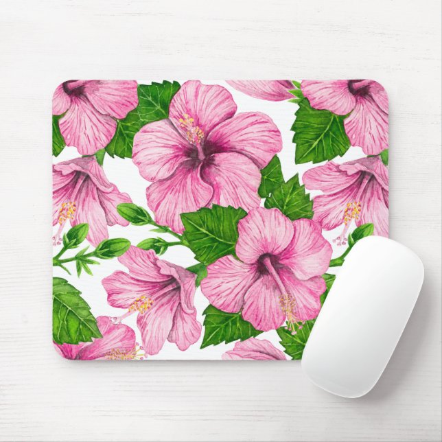 Pink hibiscus watercolor pattern mouse pad (With Mouse)