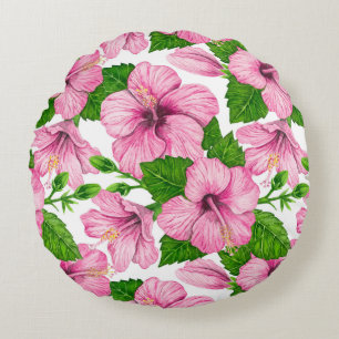 Pink hibiscus watercolor pattern round pillow