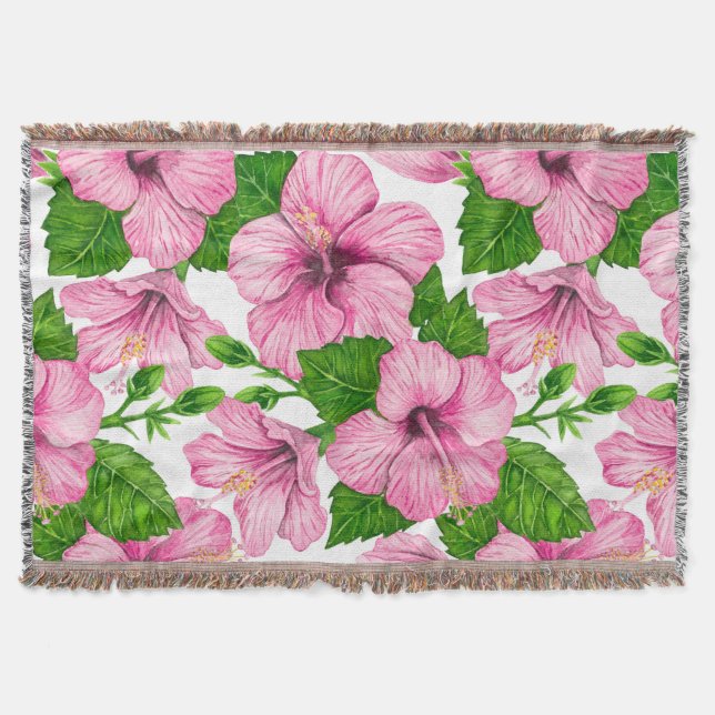 Pink hibiscus watercolor pattern throw blanket (Front)
