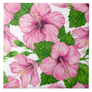 Pink hibiscus watercolor pattern tile
