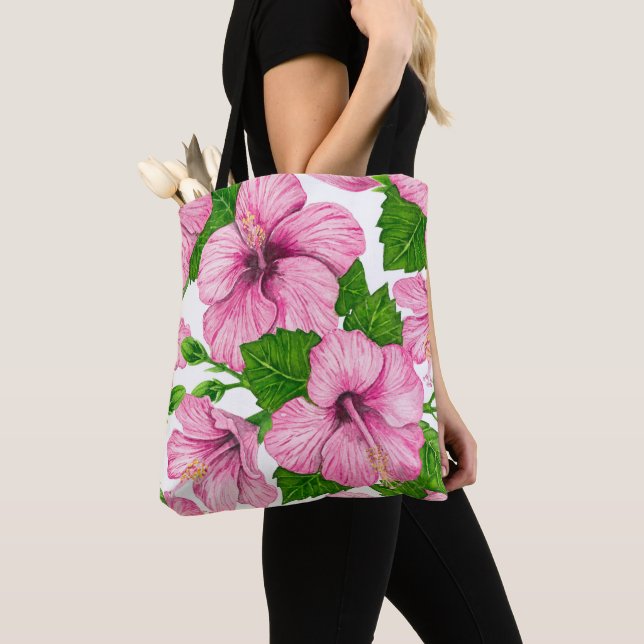 Pink hibiscus watercolor pattern tote bag (Close Up)