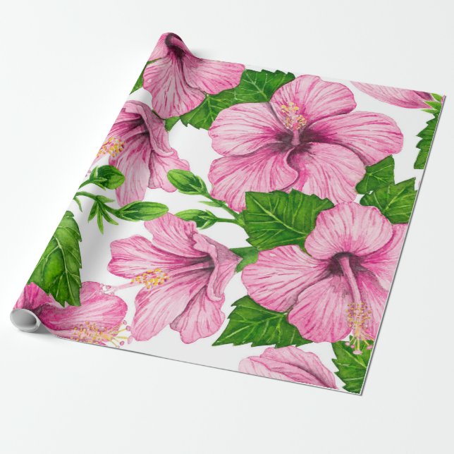 Pink hibiscus watercolor pattern wrapping paper (Unrolled)