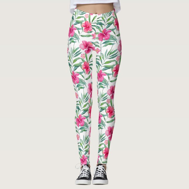 Pink hibiscus with leaves tropical pattern leggings (Front)